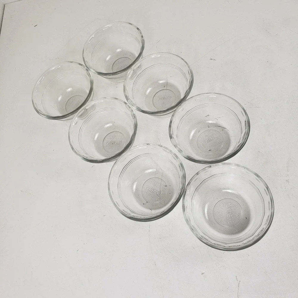 Pyrex 463 Clear Glass Custard Cups Ramekins 6oz 175ml Set of 7 Ribbed Scalloped